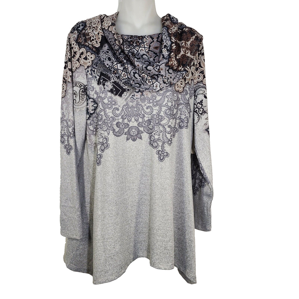Cactus Pearl Top Womens Medium Gray Long Sleeve Pullover Cowl Neck Stretch Tunic